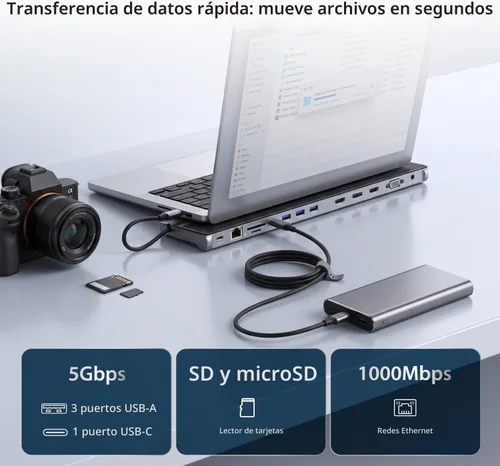 Vista 5 de Estación de acoplamiento USB C de j5create: Soporta hasta 3 pantallas simultáneamente HDMI, DisplayPort, VGA, carga rápida PD de 100 W, Gigabit