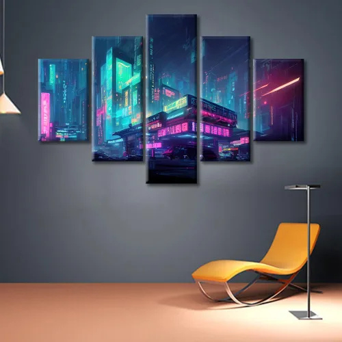 Vista 57 de Cuadros de 5 paneles de Cyberpunk City, arte de pared, representación de vallas publicitarias, edificios modernos en la capital con obras de arte