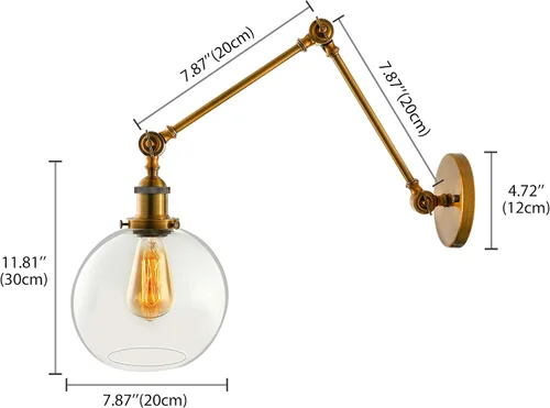 Vista 2 de Iluminación industrial estilo vintage 1 luz apliques de pared ajustable brazo oscilante aplique de pared con pantalla de globo transparente