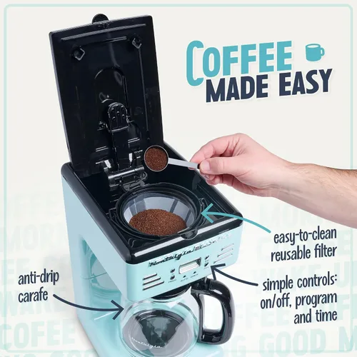 Vista 4 de Nostalgia Cafetera programable retro de 12 tazas con pantalla LED, apagado automático y mantiene el calor, función de pausa y servicio, aguamarina