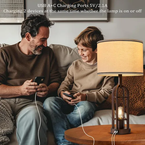 Vista 3 de SRJJA Juego de 2 lámparas de mesa de granja para sala de estar y dormitorio, lámparas de noche industriales rústicas para mesitas de noche con USB