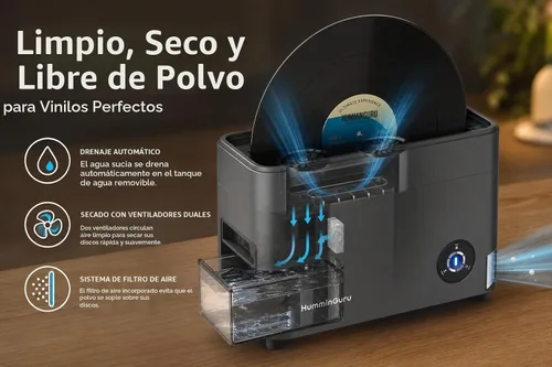 Vista 5 de HumminGuru Limpiador de discos de vinilo ultrasónico - Máquina de limpieza de discos de vinilo ultrasónico de 40kHz con secado automático, Kit