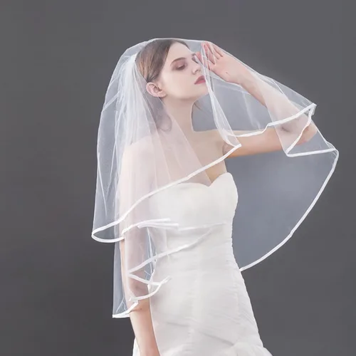 Vista 4 de auwiyd Velo de novia corto velo de boda con borde de satén con peine para mujeres y niñas, velo de borde de cinta de 2 niveles para boda, despedida