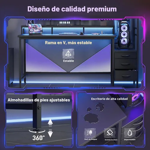 Vista 8 de Mericonia Escritorio para juegos de 52 pulgadas con cajones, escritorio reversible para computadora, color negro