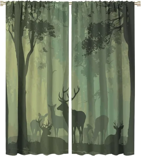 Vista 49 de Cortinas opacas con diseño de ciervos, bosque brumoso, rústico, vida silvestre, alce, montaña, pájaros, pino, bosque, cortinas de ventana