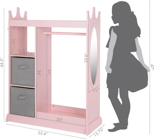 Vista 3 de UTEX Armario guardarropa para niños con espejo y contenedor de almacenamiento, rosa, 33.4 pulgadas de ancho x 15.75 pulgadas de profundidad x 44.5