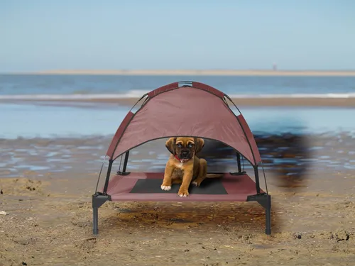 Vista 9 de Cama elevada para perros de 28 pulgadas con toldo, impermeable y transpirable, cama pequeña refrescante para perros con tienda de campaña de sombra