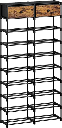 Vista 10 de Zapatero alto, organizador de zapatos de 8 niveles con 2 cajones grandes, almacenamiento de zapatos para 28-32 pares, estante de zapatos de metal
