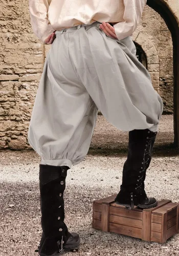 Vista 4 de VISINE FURPHI - Pantalones coloniales medievales para hombre, pantalones cortos de lino con bandas a la rodilla, disfraz renacentista