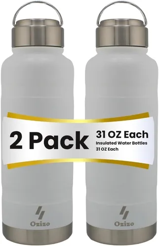 Vista 10 de Ozizo - Paquete de 2 botellas de agua aisladas, termo de 31 onzas, botella de agua de acero inoxidable con tapa, doble pared aislada al vacío, boca
