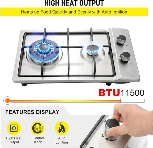Vista 3 de Cocina de gas de 12 pulgadas, estufa de gas integrada de 2 quemadores de acero inoxidable con kit de conversión de NG/LPG, protección de termopar