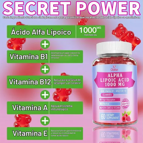 Vista 2 de Gomitas de ácido alfa lipoico de 1000 mg con vitamina B1, B12