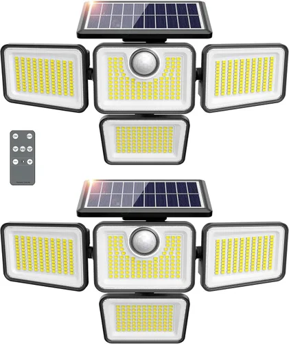 Vista 9 de Luces solares de 4500 lm para exteriores, 4 cabezales ajustables, luces con sensor de movimiento, 3 modos, luces de pared de seguridad solar