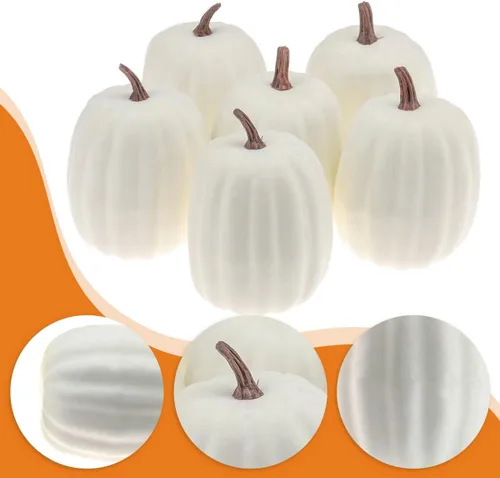 Vista 4 de Woration Juego de calabazas falsas de alta calidad, decoración de calabaza blanca leche artificial para cosecha de otoño, Halloween, Acción