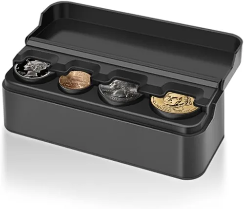 Vista 7 de Soporte compacto para monedas para automóvil, 4 compartimentos y sostiene automáticamente monedas organizador