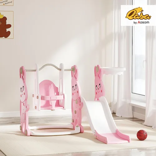 Vista 2 de Qaba Juego de tobogán y columpio 4 en 1 para niños de 1.5 a 4 años, parque infantil con temática de conejo con escalador, aro de canasta, para patio
