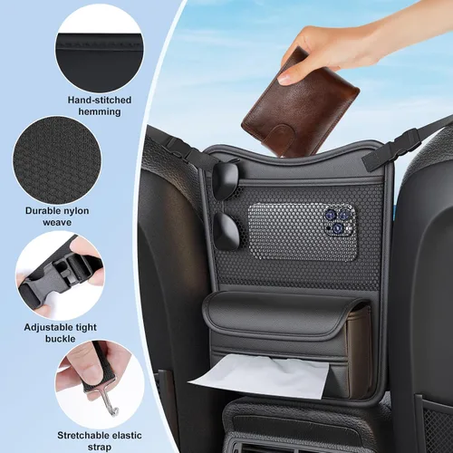 Vista 3 de Organizador de Coche para Almacenamiento Entre Asientos, Bolsa de Almacenamiento Colgante de Reposacabezas de Cuero Nappa, Soporte de Bolsillo