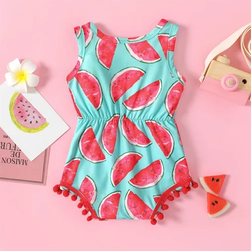 Vista 2 de PATPAT Mameluco floral sin mangas con borlas y pompón para bebé, conjunto con diadema de 0 a 18 meses