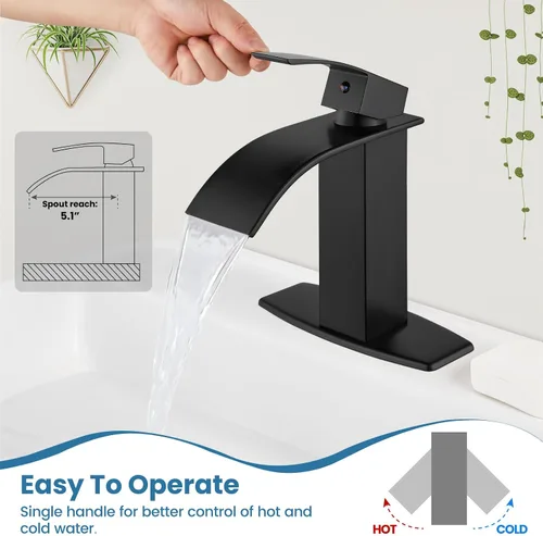 Vista 2 de Airuida Grifo de baño de cascada negro mate, grifo de lavabo de baño de un solo agujero, grifo de lavabo de lavabo de autocaravana, grifo mezclador