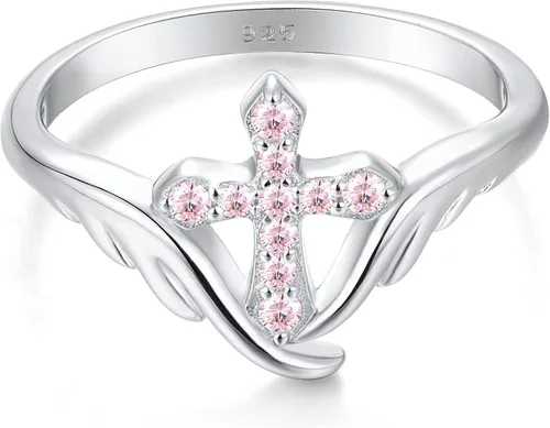 Vista 8 de STARCHENIE Cross Ring 925 Sterling Silver Angel Wings Ring for Women Size 5-10 02-Amatista-Febrero