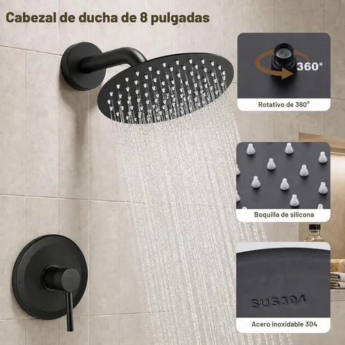 Vista 6 de Juego de llave de ducha HUCKLE con cabezal de ducha, llave de ducha negra de 8 pulgadas con válvula, cabezal de ducha de lluvia de mango único Negro