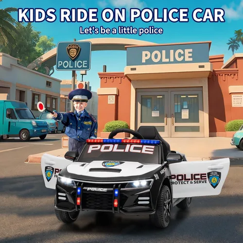 Vista 9 de Coche de policía de 12 V, funciona con pilas, autos de policía con control remoto, tonos de alerta de emergencia, luces intermitentes, música
