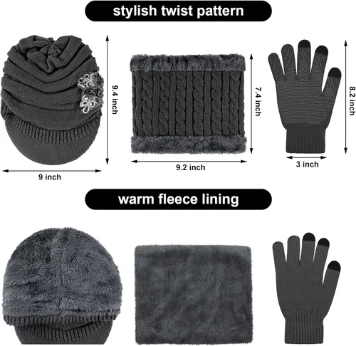 Vista 2 de 3 in 1 Hat Scarf and Gloves Set, Fleece Lined Winter Warm Beanie Hat Newsboy Cap Touchscreen Gloves Scarves for women
