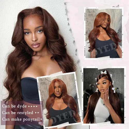 Vista 3 de Pelucas de cabello humano de 28 pulgadas con encaje frontal color marrón chocolate, pelucas de cabello humano sin pegamento, 200% de densidad, sin