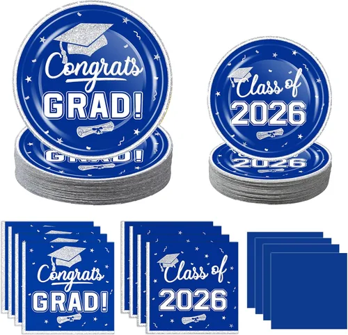 Vista 10 de Juego de vajilla de suministros para fiesta de graduación 2026, 100 platos y servilletas de graduación de oro azul para clase de 2026, vajilla