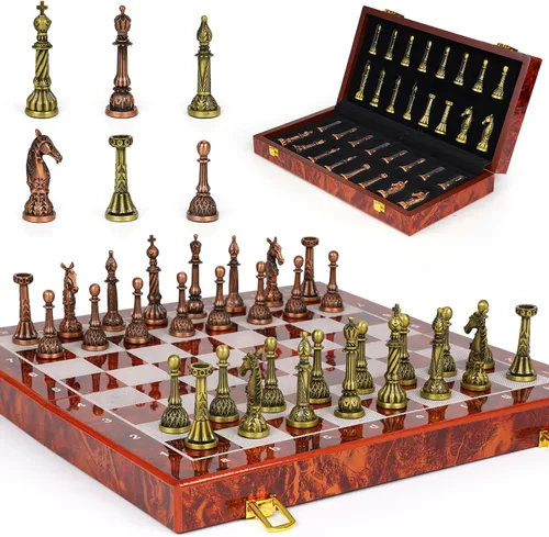 Vista 8 de Juego de ajedrez de metal vintage para adultos y niños, tablero de ajedrez plegable de mármol con almacenamiento, elegante juego de ajedrez de viaje