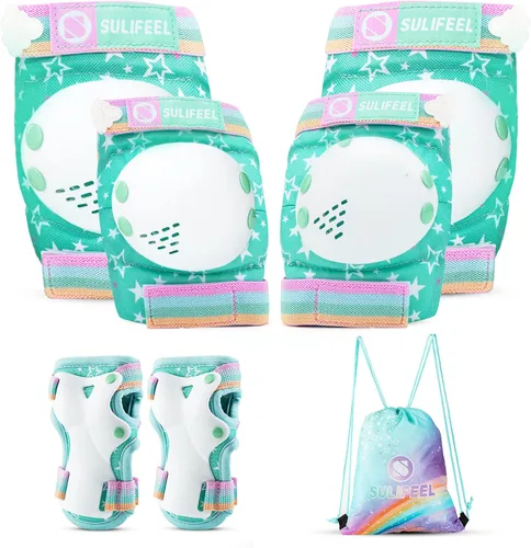 Vista 2 de SULIFEEL Rainbow Unicorn - Patines para niños con equipo de protección ajustable, verde, talla S