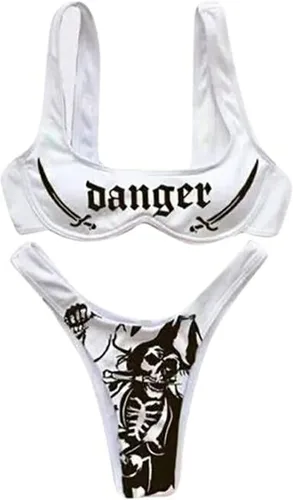 Vista 33 de AIBEARTY Traje de baño de dos piezas con estampado de calaveras para mujer, conjunto de bikini triangular de corte alto para fiesta, festival