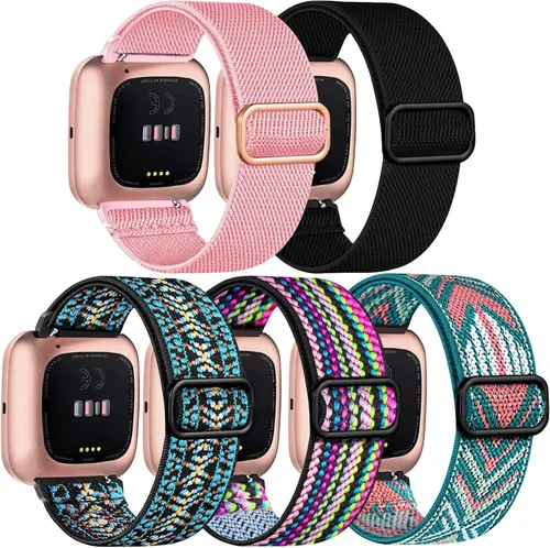 Vista 11 de Paquete de 5 bandas compatibles con Fitbit Versa 2 para mujeres/Versa Lite/SE, suave banda de nylon trenzada ajustable para un solo bucle