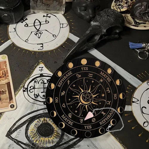 Vista 7 de AHANDMAKER Juego de tablero de péndulo, tablero de adivinación de madera para radiestesia, tablero de mensajes metafísicos con collar de péndulo