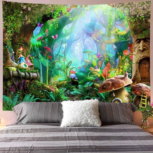 Vista 6 de Aidatain Tapiz de bosque de cuento de hadas, para colgar en la pared, diseño de hongos, de franela, grande, 80 x 60 pulgadas, tapices de paisaje