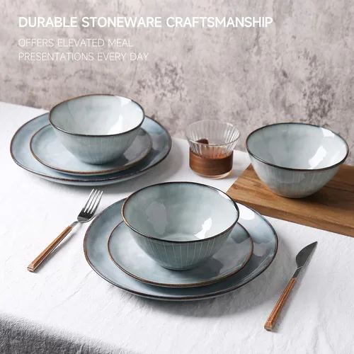 Vista 5 de Hand thrown 12 Piece Stoneware Dinnerware Sets-Service For 4, Blue