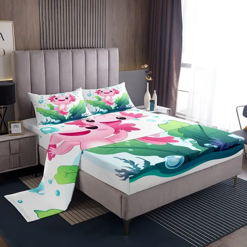 Vista 12 de Erosebridal Axolotl - Juego de ropa de cama tamaño individual, sábanas de ajolote de dibujos animados para mascotas, juego de sábanas