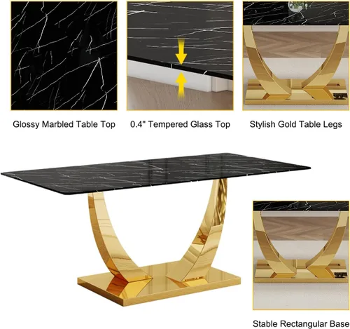 Vista 4 de Juego de Mesa de Comedor Negra para 6, Mesa de Comedor de Mármol Falso de 71" para 6, Juego de Mesa de Cocina Rectangular con Sillas de Cuero PU