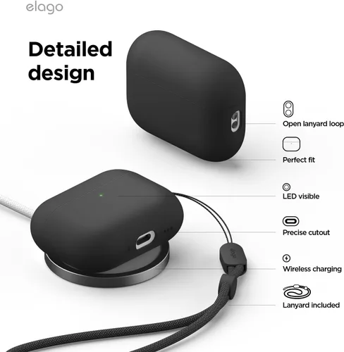 Vista 4 de elago Funda híbrida líquida compatible con AirPods Pro 3, protección de triple capa, cordón incluido, carga inalámbrica, resistente a los golpes