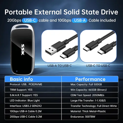 Vista 8 de SSK Disco duro externo SSD de 500 GB, unidad SSD portátil de hasta 2000 MB/s, unidades de estado sólido externas USB 3.2 Gen2X2 para iPhone 15/16