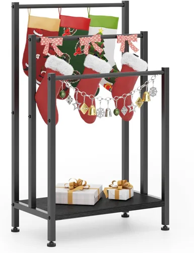 Vista 2 de Toallero independiente, toallero de metal de 3 niveles, soporte para manta para dormitorio, soporte de toalla de baño negro, soporte para toallas
