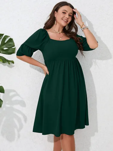 Vista 5 de SCOMCHIC Vestidos casuales de talla grande con cuello cuadrado para mujer, manga abombada, cintura alta, fruncido, acampanado, mini vestido corto