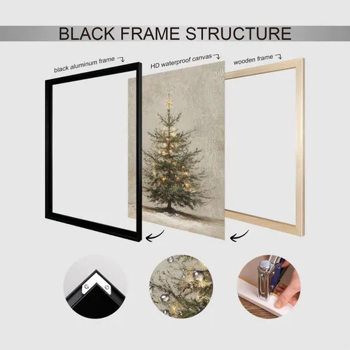 Vista 2 de Arte de pared en lona de árbol de Navidad y pino, póster rústico iluminado de abeto nevado, decoración de pared de vacaciones de invierno antigua