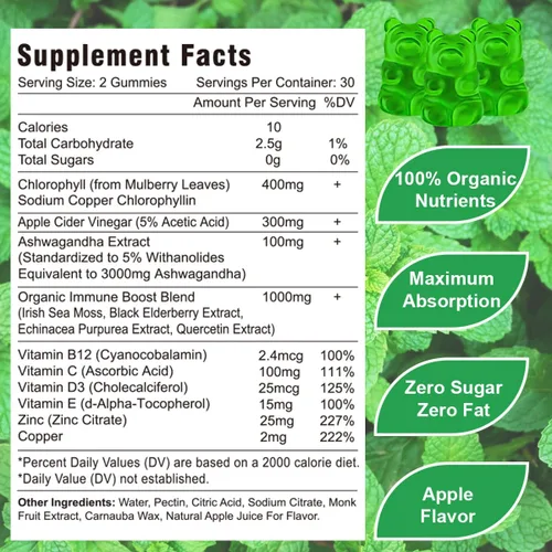 Vista 3 de Gomitas de clorofila – Super Green 13 en 1 con Ashwagandha Vitamina C Zinc y Cobre para Olor Corporal, Energía de la Piel Desodorante de Apoyo