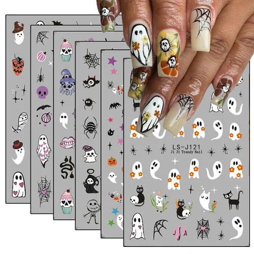 Vista 16 de 8 hojas de calcomanías de uñas de Halloween con diseños de fantasmas lindos, calabaza, araña, telaraña, sangre, llama 3D, autoadhesivas, Otoño