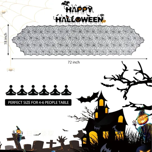 Vista 4 de Camino de mesa de Halloween, tela de araña de encaje negro, para decoración de Halloween, fiesta, decoración de mesa de comedor, 18 x 72 pulgadas