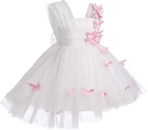 Vista 6 de Vestido tutú de tul para niña pequeña, vestido de mariposa y flores para niña, trajes formales de cumpleaños, vestidos de pastel