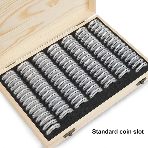 Vista 2 de Soporte para cápsulas de monedas de madera, caja de almacenamiento de monedas con junta de espuma para suministros de colección de monedas