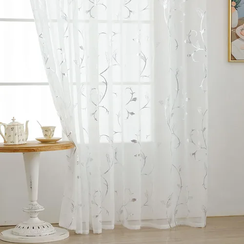 Vista 6 de BUHUA Juego de 2 paneles de cortinas traslúcidas blancas de 96 pulgadas de largo, cortinas de gasa con ojales, estampado de vid plateada, decoración