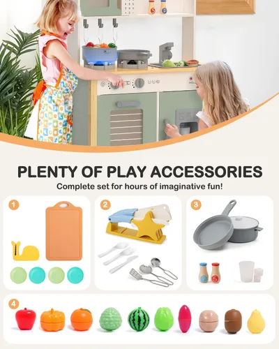 Vista 4 de Babytronic Cocina de juego para niños, juego de cocina de madera para niños a partir de 3 años con luces reales, sonidos, estufa, fregadero, horno